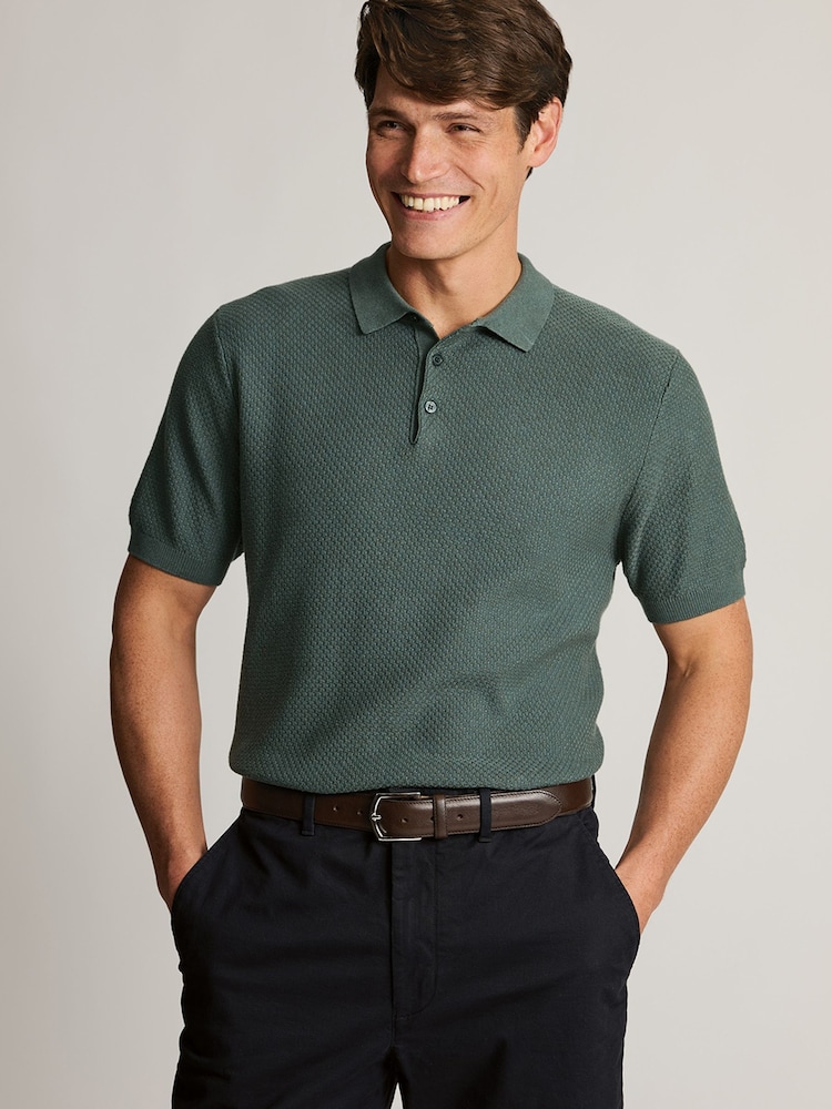 Brook Taverner Green Textured Cotton Knitted Polo Shirt - Image 2 of 6 Brook Taverner Green Textured Cotton Knitted Polo Shirt - Image 2 of 6
