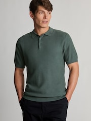 Brook Taverner Green Textured Cotton Knitted Polo Shirt - Image 3 of 6