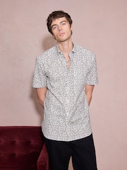 White Floral Print Stretch Oxford Slim Fit Short Sleeve Shirt - Image 1 of 4