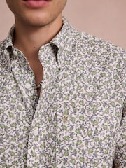White Floral Print Stretch Oxford Slim Fit Short Sleeve Shirt - Image 4 of 4