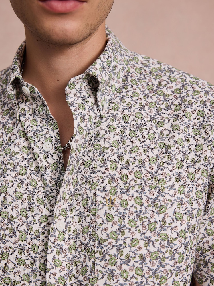 White Floral Print Stretch Oxford Slim Fit Short Sleeve Shirt - Image 4 of 4