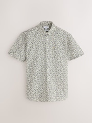 White Floral Print Stretch Oxford Slim Fit Short Sleeve Shirt - Image 5 of 7