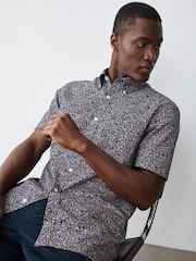 Navy Floral Print Stretch Oxford Slim Fit Short Sleeve Shirt - Image 1 of 9