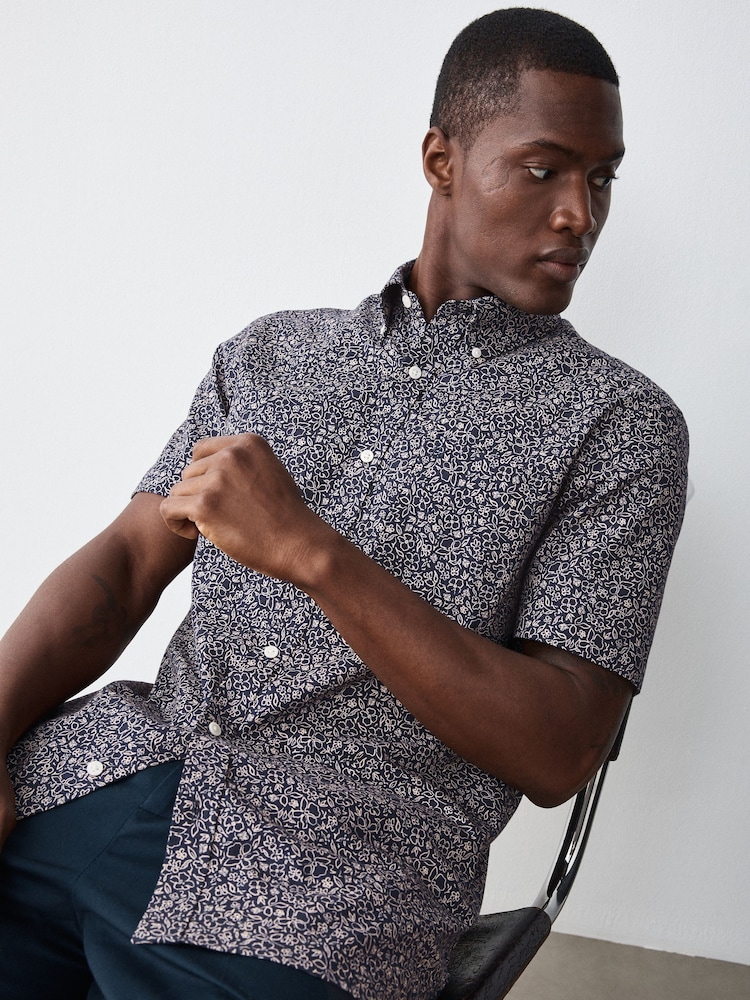 Navy Floral Print Stretch Oxford Slim Fit Short Sleeve Shirt - Image 1 of 9