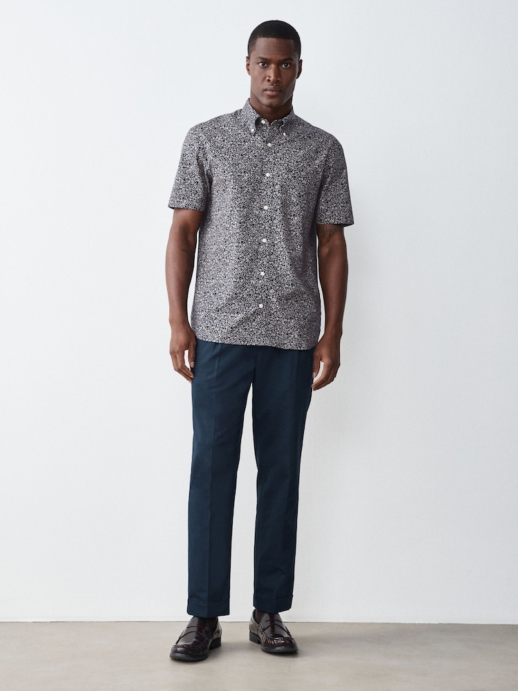 Navy Floral Print Stretch Oxford Slim Fit Short Sleeve Shirt - Image 2 of 9