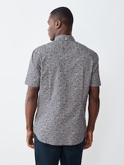 Navy Floral Print Stretch Oxford Slim Fit Short Sleeve Shirt - Image 3 of 9