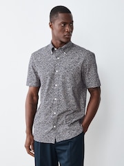 Navy Floral Print Stretch Oxford Slim Fit Short Sleeve Shirt - Image 4 of 9