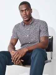 Navy Floral Print Stretch Oxford Slim Fit Short Sleeve Shirt - Image 5 of 9