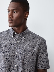 Navy Floral Print Stretch Oxford Slim Fit Short Sleeve Shirt - Image 6 of 9