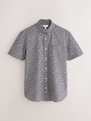 Navy Floral Print Stretch Oxford Slim Fit Short Sleeve Shirt - Image 7 of 9