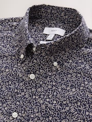 Navy Floral Print Stretch Oxford Slim Fit Short Sleeve Shirt - Image 8 of 9