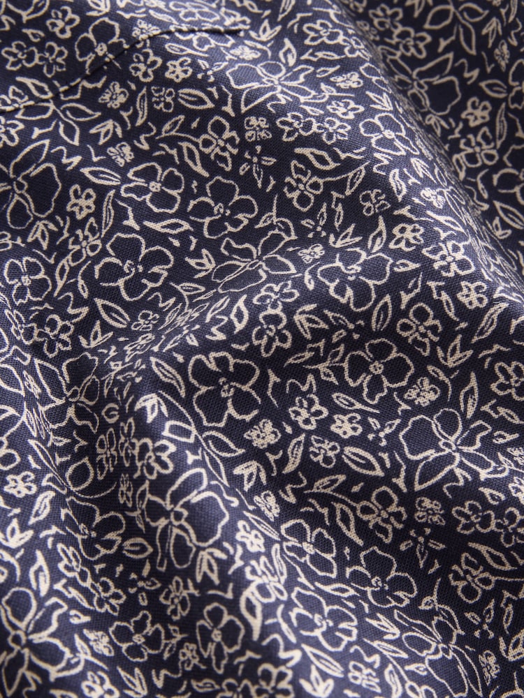 Navy Floral Print Stretch Oxford Slim Fit Short Sleeve Shirt - Image 9 of 9