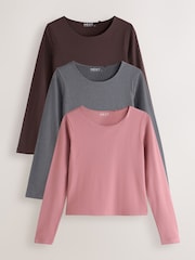 Pink/Brown/Grey Sculpted Crew Neck Long Sleeve T-Shirts 3 Pack - Image 1 of 6
