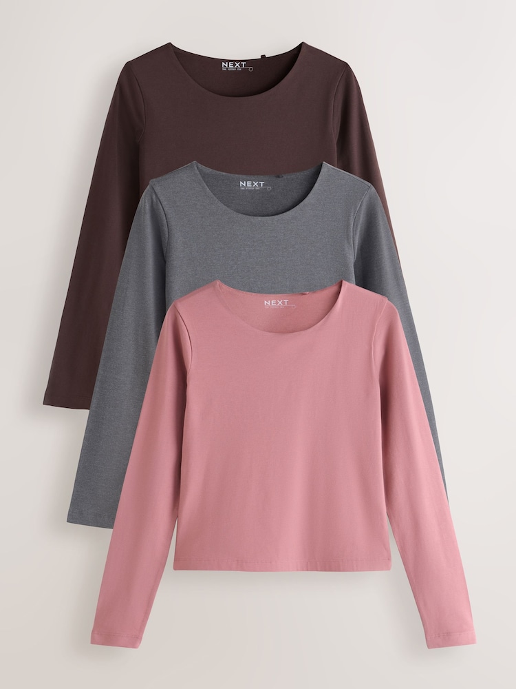 Pink/Brown/Grey Sculpted Crew Neck Long Sleeve T-Shirts 3 Pack - Image 1 of 6