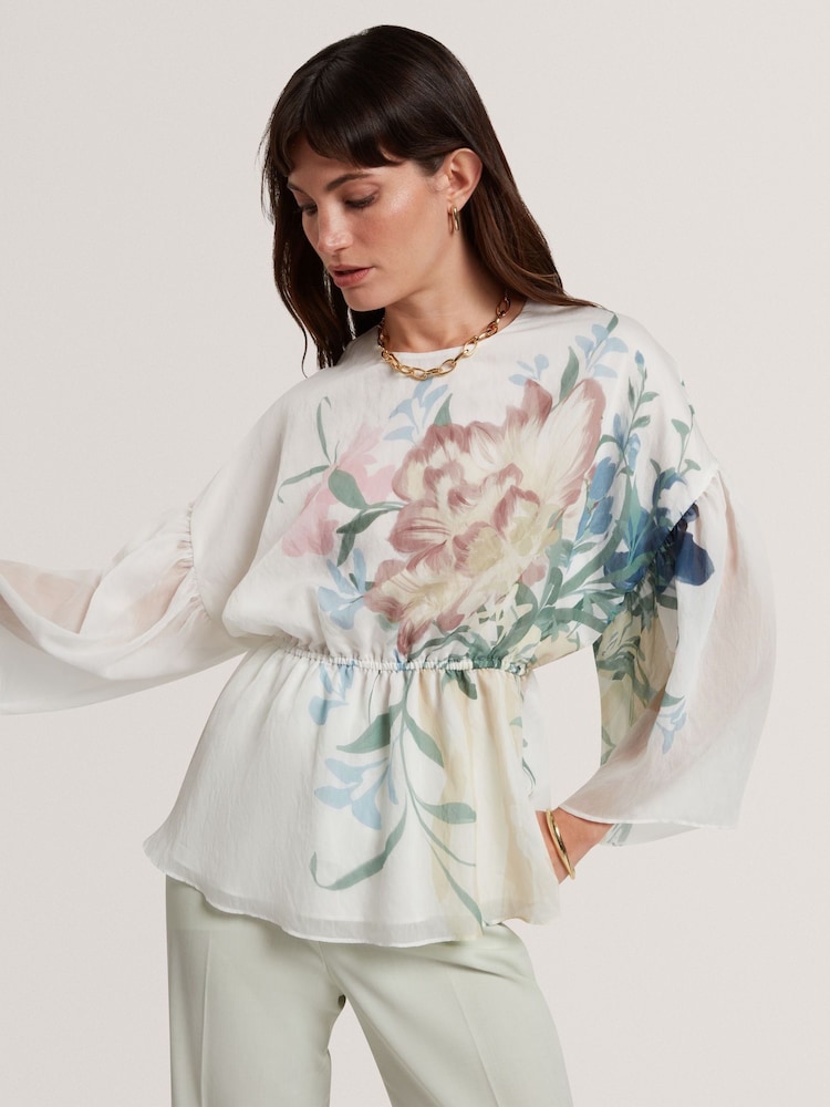 Ted Baker Cream Printed Puff Sleeve Peplum Top - Image 1 of 6 Ted Baker Cream Printed Puff Sleeve Peplum Top - Image 1 of 6