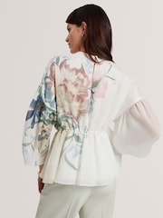 Ted Baker Cream Printed Puff Sleeve Peplum Top - Image 2 of 6