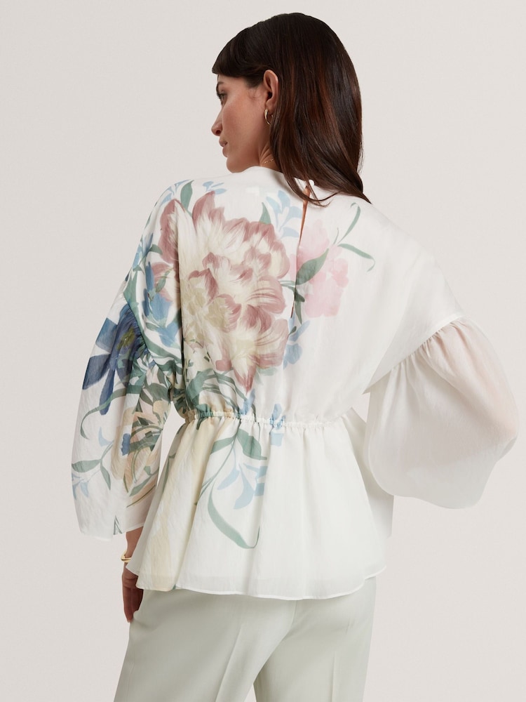 Ted Baker Cream Printed Puff Sleeve Peplum Top - Image 2 of 6 Ted Baker Cream Printed Puff Sleeve Peplum Top - Image 2 of 6
