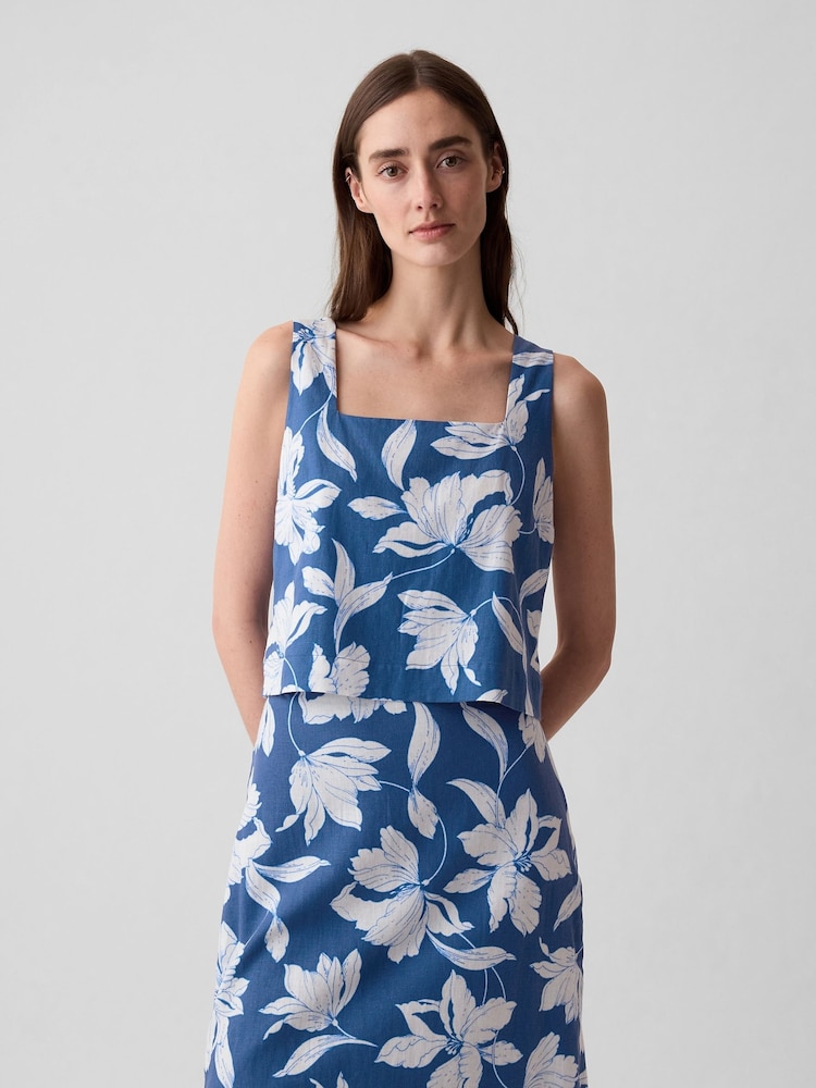 Gap Blue Floral Linen Blend Button Back Cropped Vest Top - Image 1 of 4