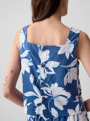 Gap Blue Floral Linen Blend Button Back Cropped Vest Top - Image 4 of 4
