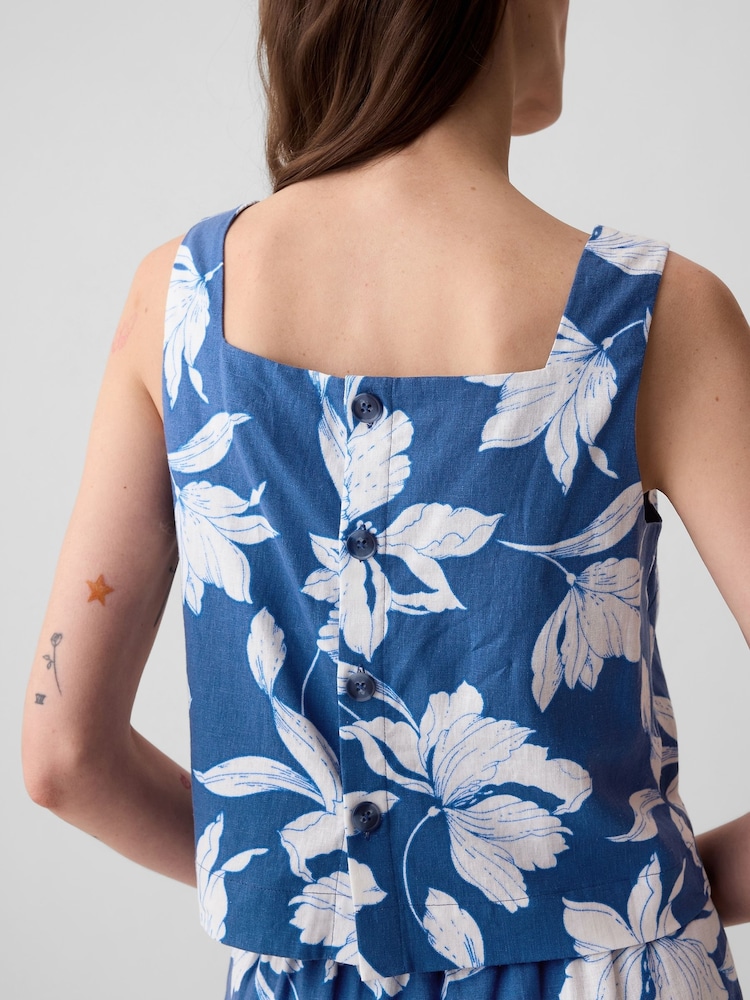 Gap Blue Floral Linen Blend Button Back Cropped Vest Top - Image 4 of 4