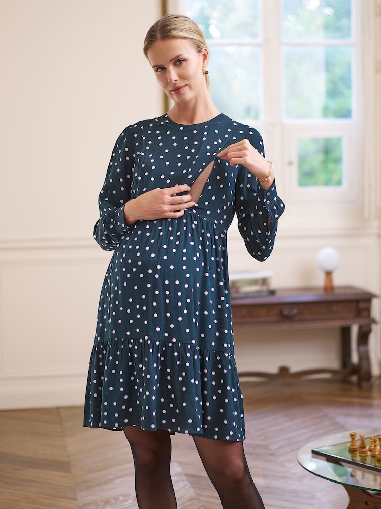 green polka dot maternity dress Womens Seraphine & Nursing Tiered Mini US 10 Maternity midi dress