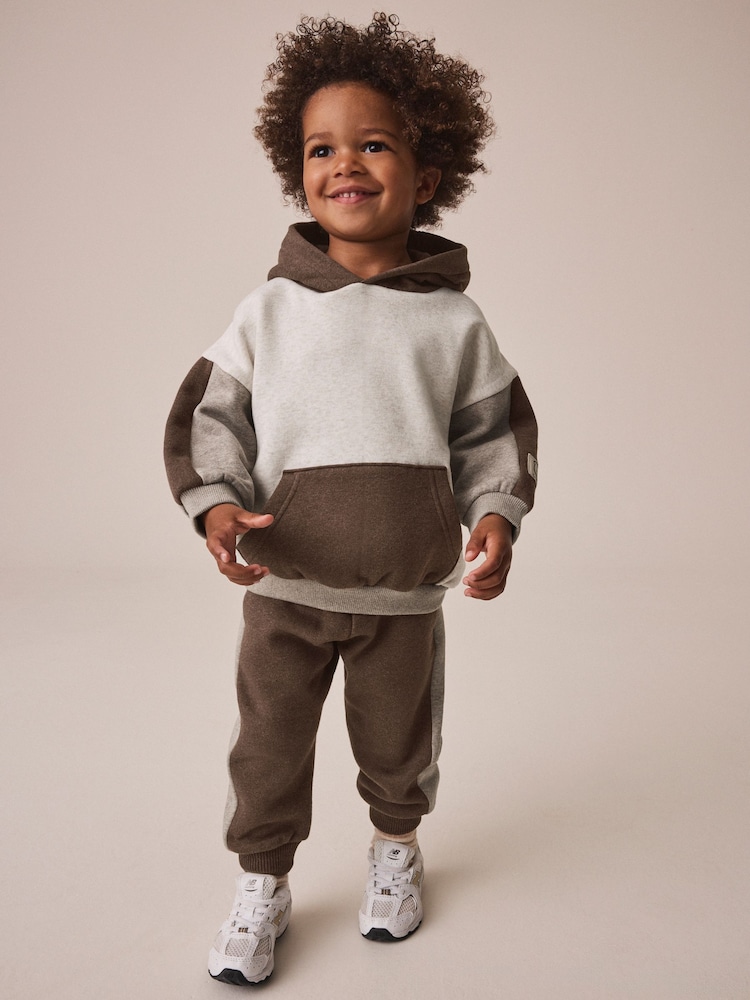 Chocolate Brown Colour Block Hoodie and Joggers Set (3mths-7yrs) - Image 1 of 4 Chocolate Brown Colour Block Hoodie and Joggers Set (3mths-7yrs) - Image 1 of 4