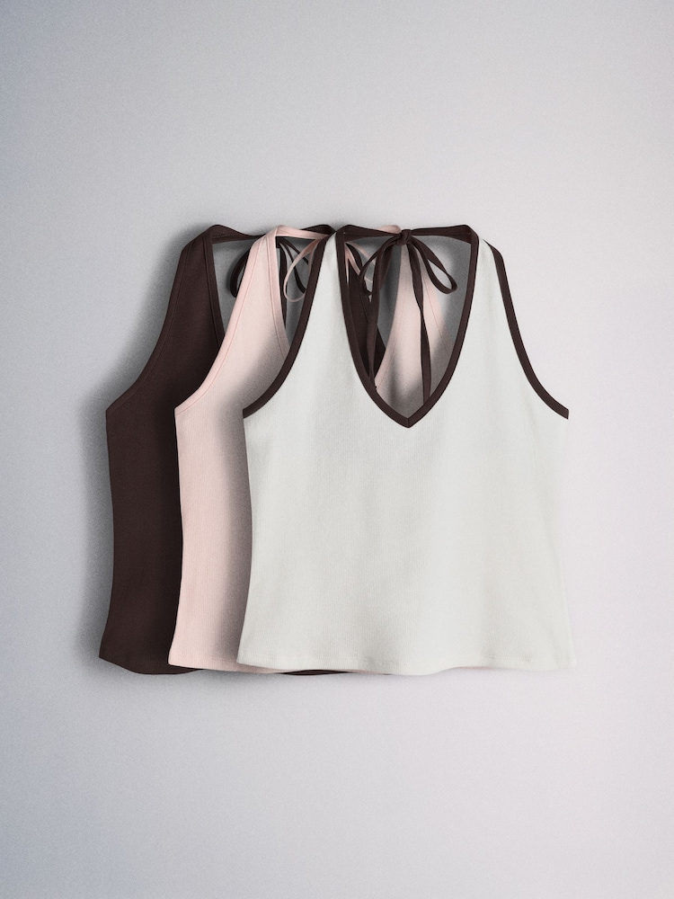 The Set 3 Pack Tie Neck Comtrast Halter Tops Pink/Brown/ecru - Image 2 of 13