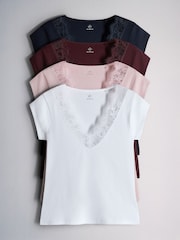 4 Pack Lace Trim Cap Sleeve V-Neck Ribbed Tops Dark Navy/Burgundy/Pink/White - Image 1 of 7