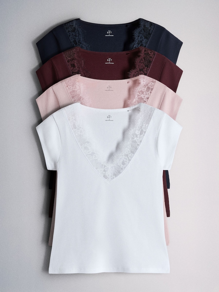 4 Pack Lace Trim Cap Sleeve V-Neck Ribbed Tops Dark Navy/Burgundy/Pink/White - Image 1 of 7