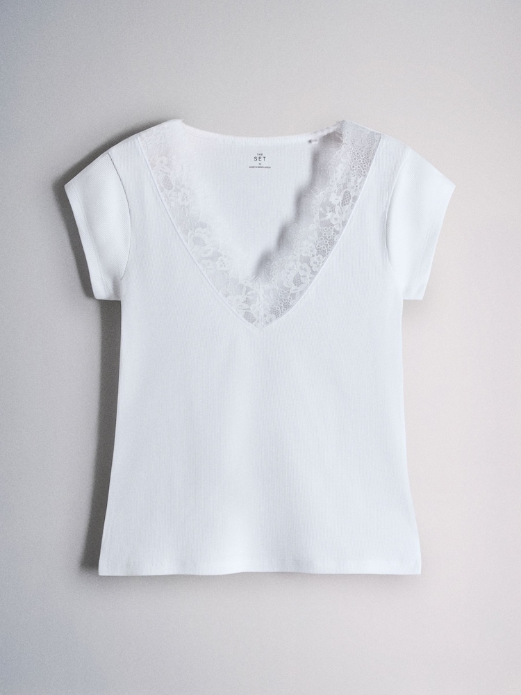 4 Pack Lace Trim Cap Sleeve V-Neck Ribbed Tops Dark Navy/Burgundy/Pink/White - Image 2 of 7