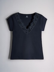 4 Pack Lace Trim Cap Sleeve V-Neck Ribbed Tops Dark Navy/Burgundy/Pink/White - Image 3 of 7