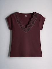 4 Pack Lace Trim Cap Sleeve V-Neck Ribbed Tops Dark Navy/Burgundy/Pink/White - Image 4 of 7