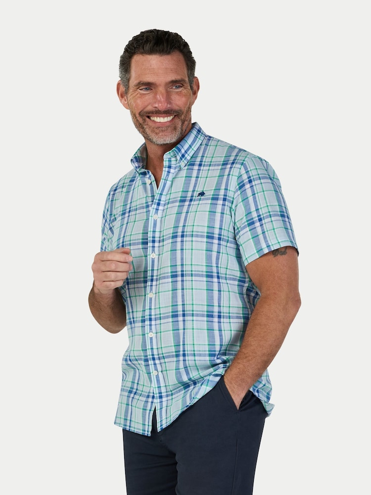 Raging Bull Blue Short Sleeve Pacific Check Linen Look Shirt - Image 1 of 4