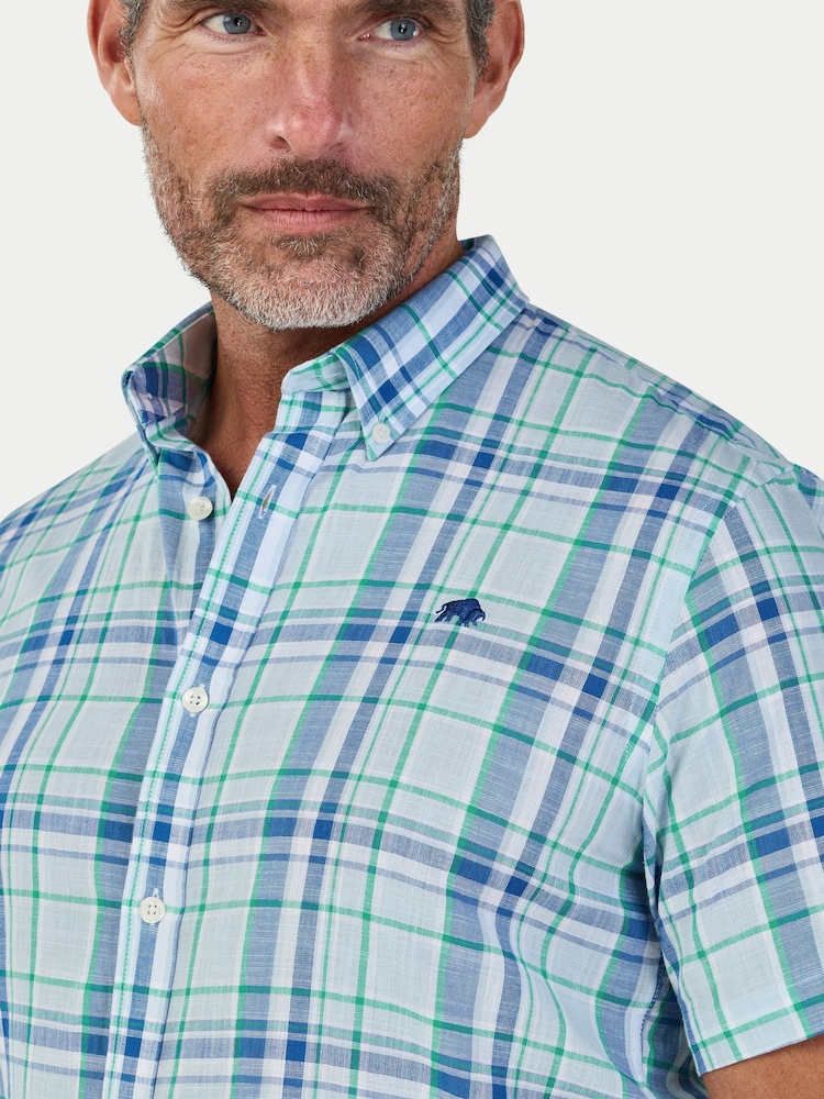 Raging Bull Blue Short Sleeve Pacific Check Linen Look Shirt - Image 4 of 4
