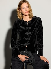Черный - Velvet Knot Fastening Collarless Jacket - Изображение 1 8