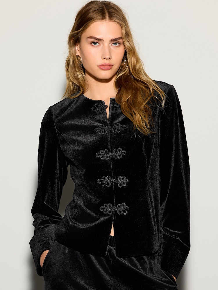 Черный - Velvet Knot Fastening Collarless Jacket - Изображение 2 8