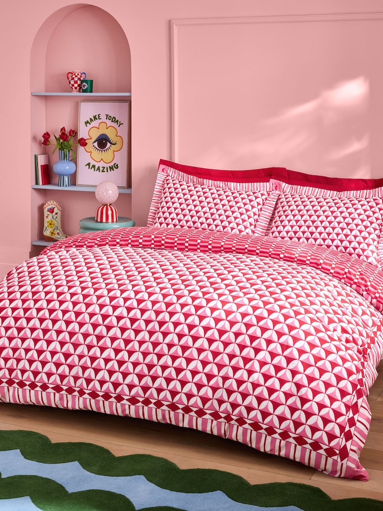 Eleanor Bowmer Red Geo Stripe 180 Thread Count Duvet Cover and Pillowcase Set - Image 1 of 6