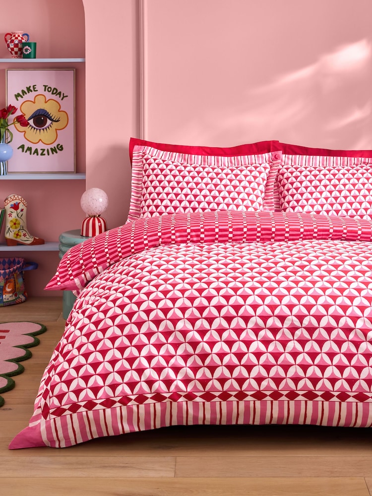 Eleanor Bowmer Red Geo Stripe 180 Thread Count Duvet Cover and Pillowcase Set - Image 2 of 6