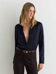 Reiss Navy Ameira Silk-Satin Concealed-Placket Shirt - Image 1 of 7