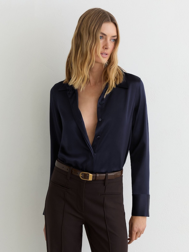 Reiss Navy Ameira Silk-Satin Concealed-Placket Shirt - Image 1 of 7