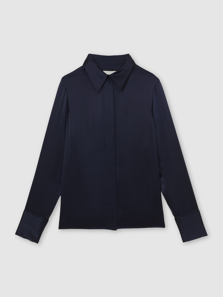 Reiss Navy Ameira Silk-Satin Concealed-Placket Shirt - Image 2 of 7