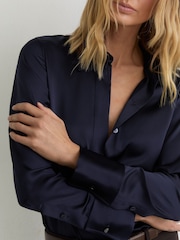 Reiss Navy Ameira Silk-Satin Concealed-Placket Shirt - Image 4 of 7