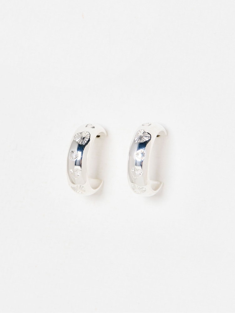 Oliver Bonas Silver Tone Priya Engraved Heart Hoop Earrings - Image 1 of 5