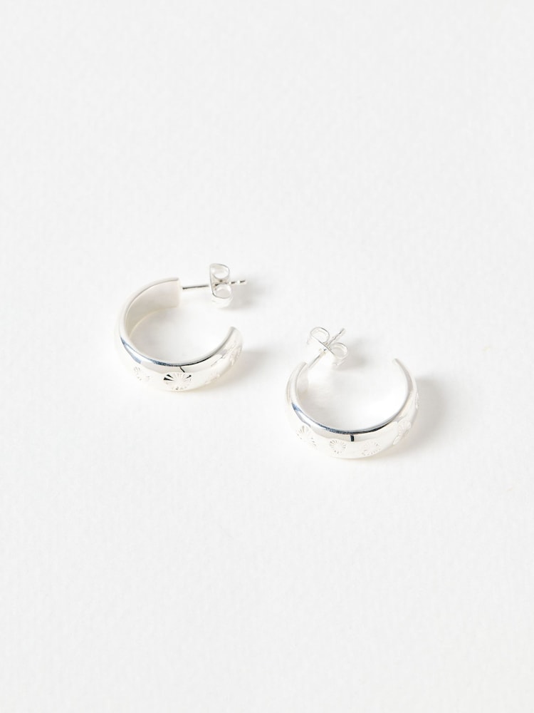 Oliver Bonas Silver Tone Priya Engraved Heart Hoop Earrings - Image 2 of 5