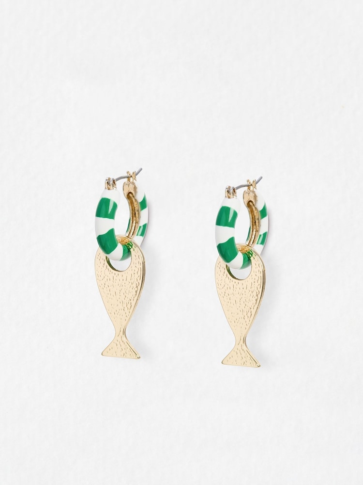 Oliver Bonas Green/White Quinsey Striped Fish Hoop Earrings - Image 1 of 5