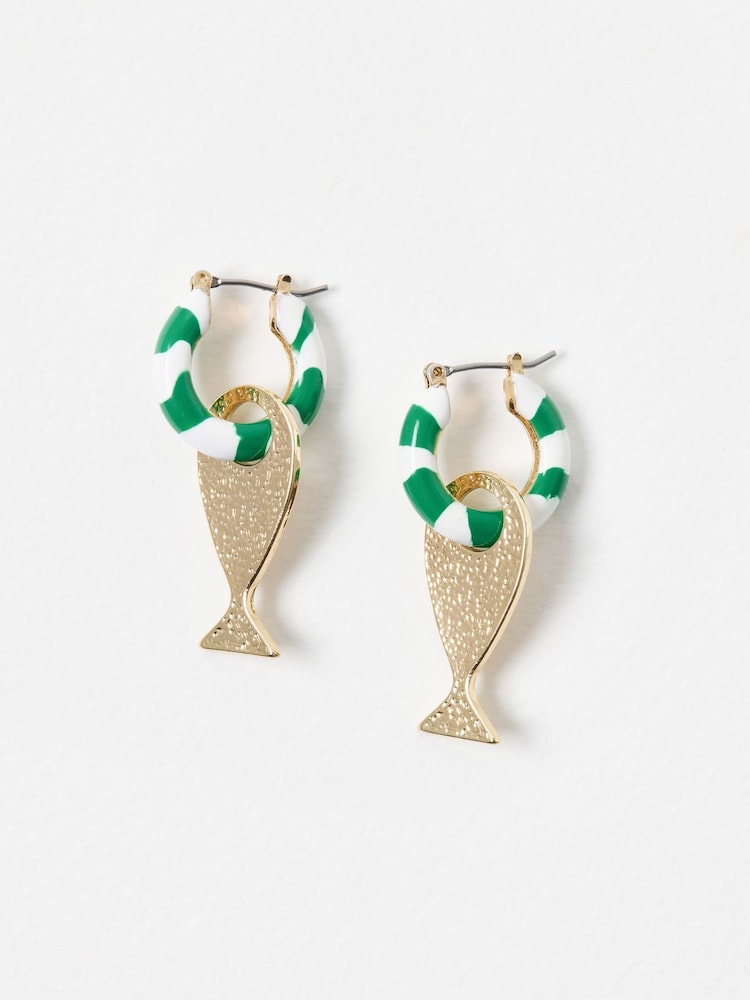 Oliver Bonas Green/White Quinsey Striped Fish Hoop Earrings - Image 2 of 5