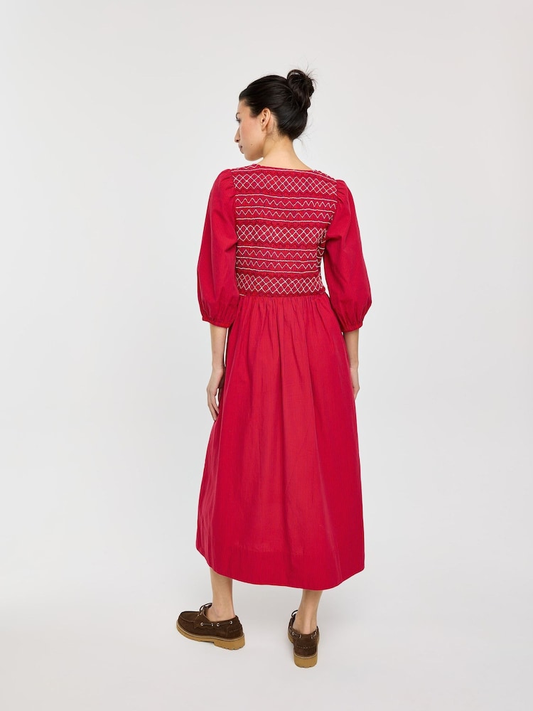 Oliver Bonas Red Striped Shirred Bodice V-Neck Midi Dress - Image 2 of 8