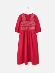 Oliver Bonas Red Striped Shirred Bodice V-Neck Midi Dress - Image 3 of 8