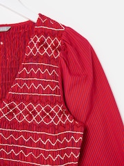 Oliver Bonas Red Striped Shirred Bodice V-Neck Midi Dress - Image 7 of 8