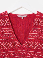 Oliver Bonas Red Striped Shirred Bodice V-Neck Midi Dress - Image 8 of 8